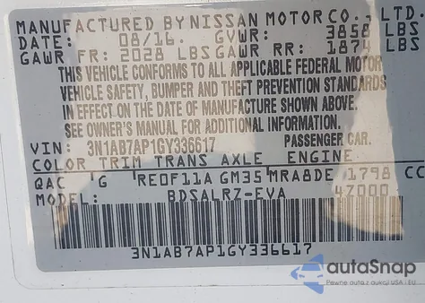 2016 Nissan Sentra Sr z USA, uszkodzony, nr VIN 3N1AB7AP1GY336617